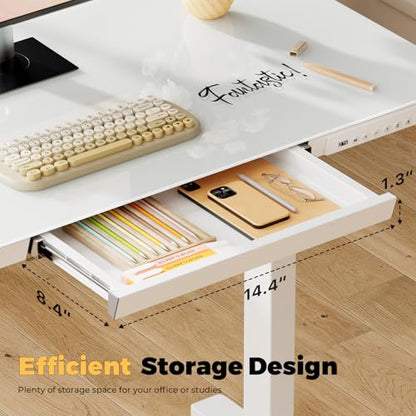 32" Glass Standing Desk with Drawer, Small Electric Desk - color: White Glass-top, size: 32"