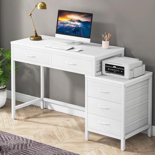 Tribesigns Computer Desk with 5 Drawers, Reversible Home Office Desks - color: White