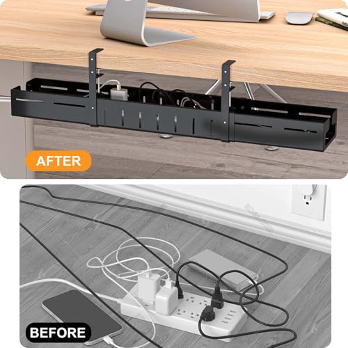 REALINN Under Desk Cable Management Tray Black | Expandable 25.27"-38.66", Sturdy Steel Desk Cord Hider Raceway for Office/Home