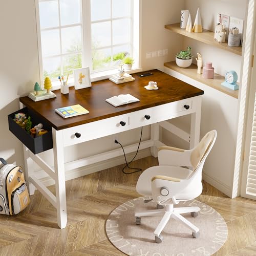 EnHomee 40" Small Desk with Drawers & Power Outlets for Teens Bedroom | Functional Drawers & Built-In Power Outlets; Organize Supplies and Charge Devices for Teen Small Study Room, Brown+White - color: Brown+white, size: 40inch with Drawers