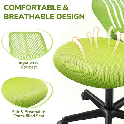 Yaheetech Small Desk Chair, Armless Adjustable Swivel Seat, Green | Padded mesh seat and ventilated resin back, compact armless frame rolls and adjusts for study and small desks, holds 300 lb. - color: Green