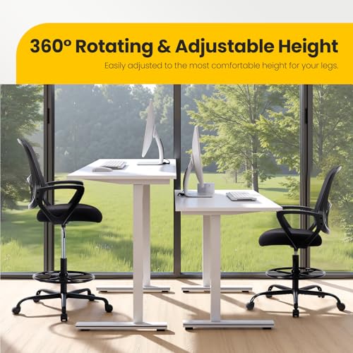 Sweetcrispy Ergonomic Tall Drafting Chair, High Office Desk Chair | Comfy Lumbar Support, Adjustable Height, Footrest, Fixed Arms, Counter, Dark Black - color: Dark Black, size: 45 inches (H) x 23.62 inches (W) x 24.2 inches (L)