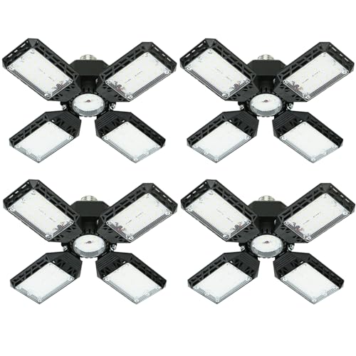 4-Pack LED Garage Light,150W Deformable Garage Ceiling Lights,15000LM, 4 Adjustable Panels, E26/E27 Shop Lights for Basement, Barn, Workshop,High Bay Light - size: 4+1P 4Pack/F