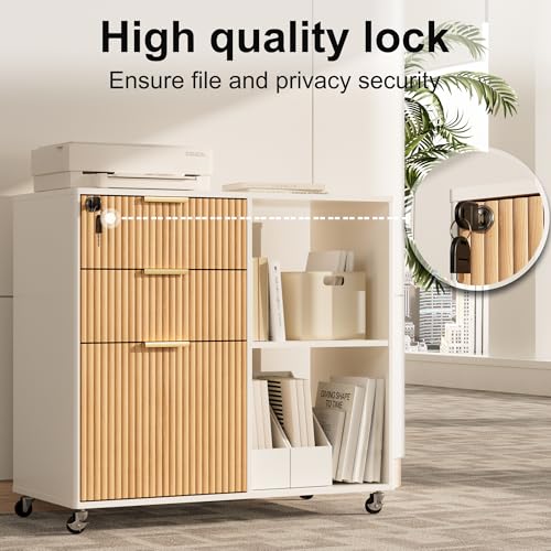 3 Drawer Fluted Mobile Filing Cabinet with Lock, Lateral Rolling Under Desk File Cabinet, Wooden Printer Stand Table for Home Office Essentials Storage Organization Furniture Letters/A4(Oak) - color: Oak-white