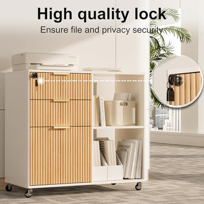 3 Drawer Fluted Mobile Filing Cabinet with Lock, Lateral Rolling Under Desk File Cabinet, Wooden Printer Stand Table for Home Office Essentials Storage Organization Furniture Letters/A4(Oak) - color: Oak-white
