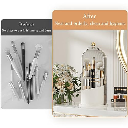 Makeup Brush Holder Organizer (Clear White Cap) | With Lid, 360° Rotating, Dustproof, For Vanity Desktop Bathroom Countertop - color: Clear White Cap