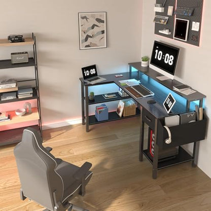 Lufeiya L Shaped Gaming Desk with Storage Shelves, 47 inch Home Office Desk with Monitor Stand, Computer Desk with LED Lights,Power Outlets and Fabric Drawers, Black - color: Black