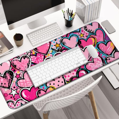 Pink Heart Star Large Mouse Pad & Desk Mat for Game, Office & Home | 31.5"x11.8"x0.12", HD Print, Long, Extended, Ultra-Smooth Surface, Non-Slip Rubber Base, Stitched Edges, Office Accessories - color: Xk06