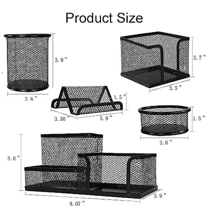 Mesh Pen Holder for Desk Pencil Holders 5 Pieces Desk Organizer Office Supplies Caddy with Sticky Notes Holder for Office School Home Black - style: 5 Piece Set