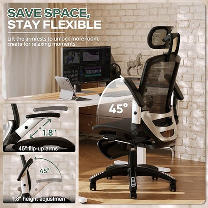 GABRYLLY Ergonomic Office Chair, High Back Home Desk Chair with Footrest,3D Headrest, Flip-Up Arms, 135° Tilt and Wide Cushion, Heavy Duty Mesh Chairs for Task Computer Gaming, Black - color: Obsidian Black