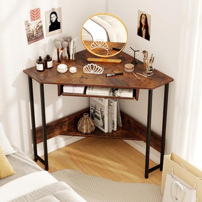 Tangkula Corner Desk with Keyboard Tray, 90-Degree Triangle Corner Computer Desk for Small Space, Industrial Writing Desk with Storage Shelf, Space-Saving Laptop PC Desk (Rustic Brown)