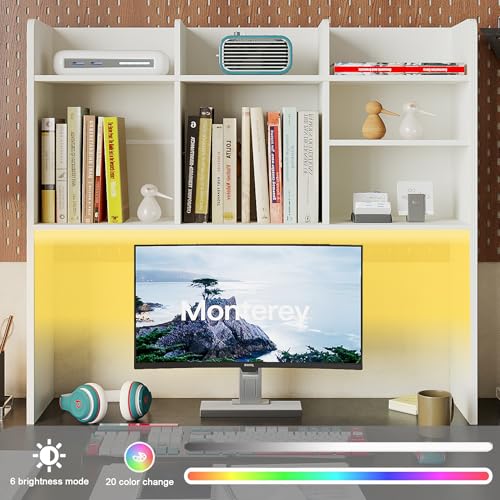 ChooChoo Desk Hutch Dorm with LED Lights, Desktop Bookshelf with 7 Shelves - color: Off White, size: With LED