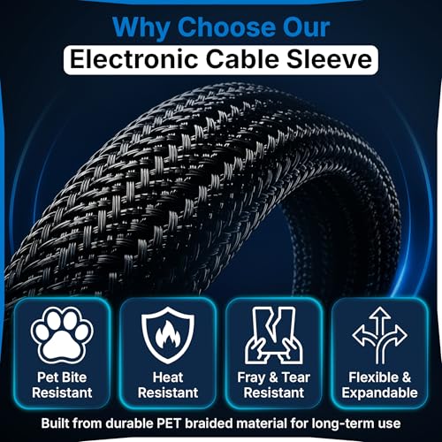 Cable Management Sleeve & Cord Organizer for Desks - Wire Management Cover to Wrap & Protect Messy Cables for Computers, TV & Electronics - 10 ft x 0.5"