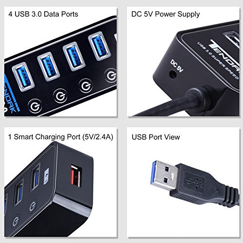 Tendak USB Hub with 4 USB 3.0 Data Ports + 1 USB Smart Charging Port