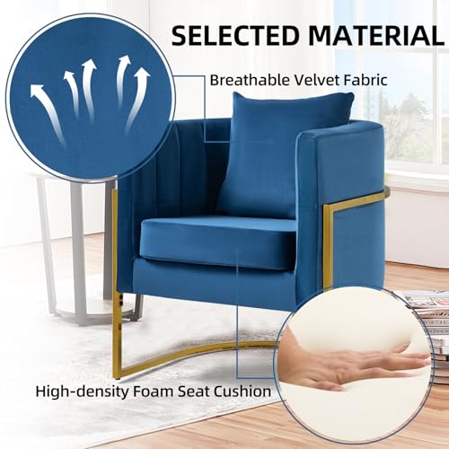 Velvet Accent Chair, Modern Barrel Arm Chair for Living Room/Bedroom/Guest Reception, Upholstered Club Armchair with Pillow & Gold Base, Navy Blue - color: Navy Blue, size: 1 PC