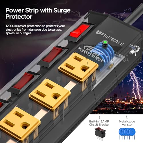 CRST 8-Outlet Metal Power Strip with Individual Switches, 15A/1875W, 6FT | 1.77" Wide Spacing for Bulky Plugs, 1200J Surge Protector Power Strip with Mounting Brackets for Home/Workshop/Garage/School - size: 8 Outlet+6FT