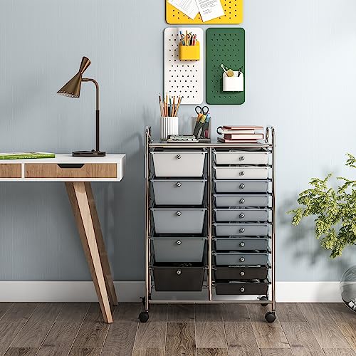 COSTWAY 15 Drawer Rolling Storage Cart, Mobile Utility Cart with Lockable Wheels, Drawers, Multipurpose Organizer Cart for Home, Office, School, Gradient Black - color: Gradient Black