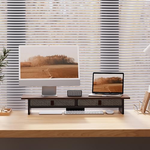 Fenge 35 Inch Monitor Stand with Drawer Storage, Computer Riser for Desk - color: Brown
