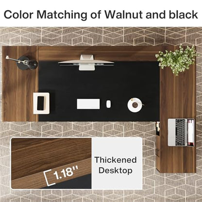 Tribesigns 78" L-Shaped Executive Desk, Extra Large Modern Office Desk with Drawers and File Cabinet, Business Furniture with Storage Shelves, Big Computer Desk for Home Office (Light Walnut + Black) - color: Light Walnut + Black