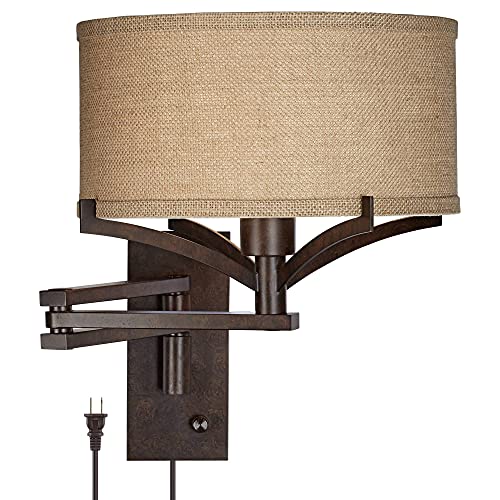 Tremont Bronze and Burlap Plug-In Swing Arm Rustic Wall Lamp Light Fixture | Farmhouse Dimmable Tan Drum Shade for Bedroom Bedside House Reading Living Room Home Hallway Dining