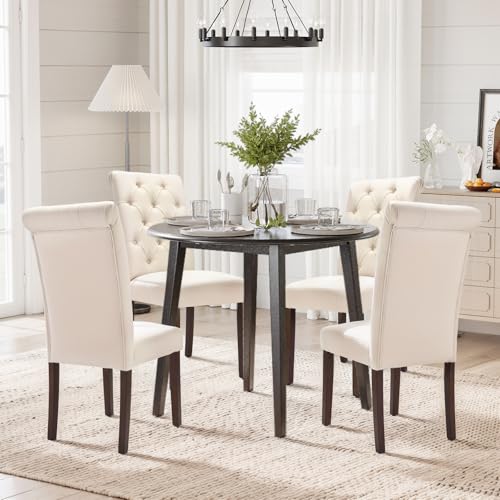 COLAMY Tufted Dining Chairs Set of 4, Accent Parsons Diner Chair Upholstered Fabric Stylish Kitchen Chairs with Solid Wood Legs and Padded Seat, Beige - color: Beige, size: set of 4