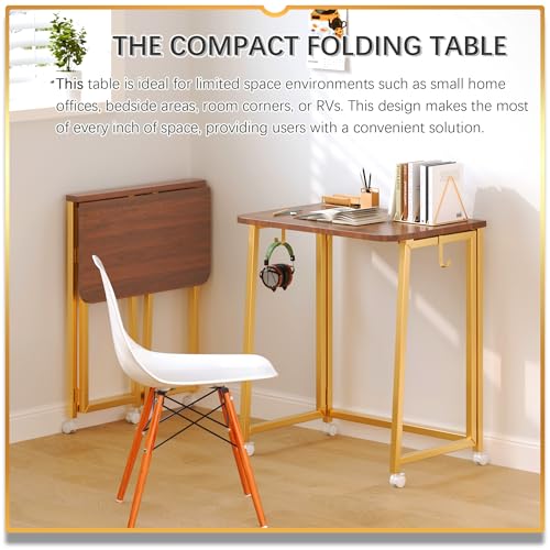 4NM 23.6" Mobile Small Folding Desk, Foldable Rolling Computer Home Office Desk, Study Writing Table for Small Space Saving Bedroom, with Wheels - Brown and Gold - color: Brown and Golden, size: 23.6"W x 15.7"D