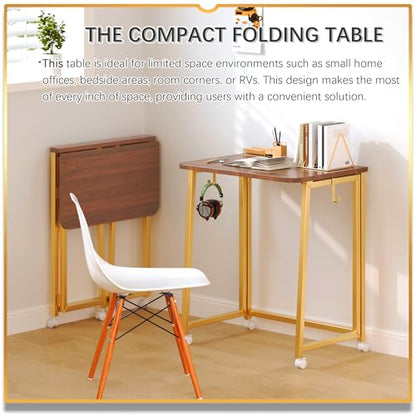 4NM 23.6" Mobile Small Folding Desk, Foldable Rolling Computer Home Office Desk, Study Writing Table for Small Space Saving Bedroom, with Wheels - Brown and Gold - color: Brown and Golden, size: 23.6"W x 15.7"D