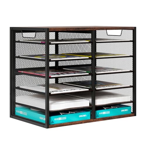 PAG Mass Mail Sorter - Adjustable Mail Holder, Countertop Literature Organizer, Student Mailbox for Classroom, Desktop Bill Paper Organizer for Office Home School, 12 Compartments, Brown - color: Brown, size: 21.1" × 12.2" × 16.14"