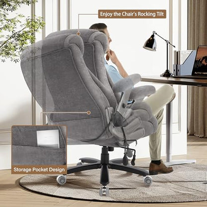 Fabric 700lbs Big and Tall Office Chair, Ergonomic Heavy Duty Executive Cloth Office Chair with 5D Flip Arms & Adjustable Lumbar Support & Dual Rubber Wheel, Large Thick Padded Extra Wide Seat, Grey - color: Grey