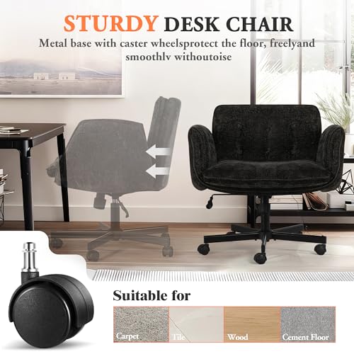 Criss Cross Chair with Wheels & Arms, Chenille Cross Legged Office Chair with 5-level Folding Armrest, Comfortable Adjustable Swivel Vanity Chair for Home, Make Up, Bed Room, Office, Accent (Black). - color: Black, style: Modern