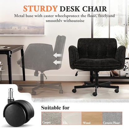 Criss Cross Chair with Wheels & Arms, Chenille Cross Legged Office Chair with 5-level Folding Armrest, Comfortable Adjustable Swivel Vanity Chair for Home, Make Up, Bed Room, Office, Accent (Black). - color: Black, style: Modern