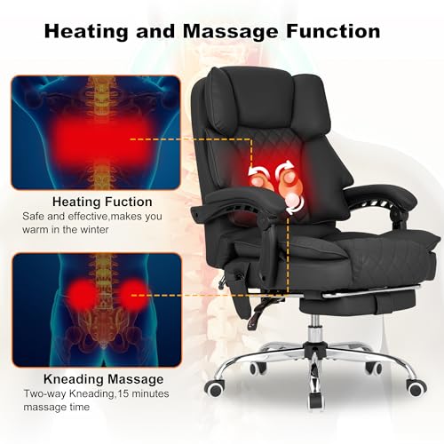 Kneading Massage Office Chair with Heated,90-135° Reclining Executive Office Chair with Footrest,Computer Desk Chair with Wheels,Diamond-Stitched Cushion Leather Office Chair (Black) - color: Black