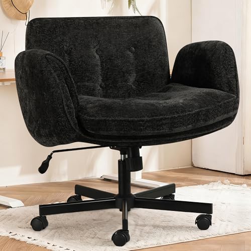 Criss Cross Chair with Wheels & Arms, Chenille Cross Legged Office Chair with 5-level Folding Armrest, Comfortable Adjustable Swivel Vanity Chair for Home, Make Up, Bed Room, Office, Accent (Black). - color: Black, style: Modern