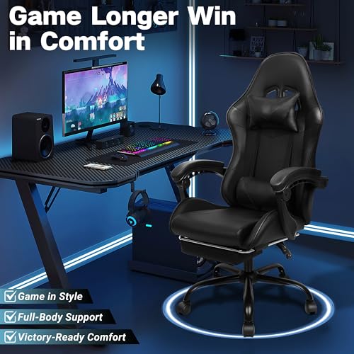 Gaming Chair with Footrest and Lumbar Support, Height Adjustable Chair with 360°Office Desk Chair,Heavy Duty 330lbs Computer Chair for Adults - color: Black