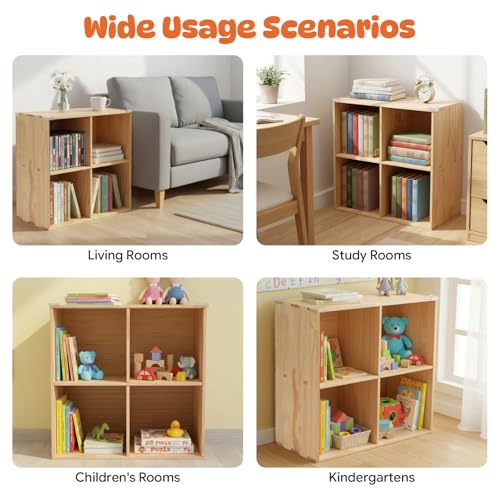 4 Cube Storage Organizer - Solid Wood Bookshelf - Cube Shelf - Vertical or Horizontal Bookcase - Open Book Shelf - Easy Assembly for Bedroom, Living Room, Office - size: 4-Cube