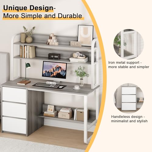 MaverickFurni 55 Inch Computer Desk with Hutch and 3 Drawers, Gray - color: Grey, size: 55"W