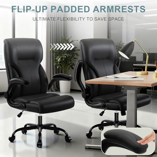 Executive Office Chair,High Back Ergonomic Comfy Desk Chair with Padded Flip-up Armrests and Wheels,PU Leather Heavy Duty Computer Swivel Rolling Task Chair for Home Office,Adults,Black - color: Black