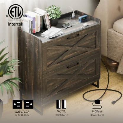 Vabches 2 Drawer Lateral File Cabinet with Charging Station, Dark Oak - color: Dark Rustic Oak
