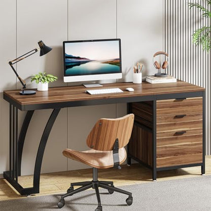 Tribesigns 59 Inch Computer Desk with 3 Drawers, Industrial PC Desk Study Writing Table Workstation with File Storage, Home Office Desks with Large Desktop and Metal Frame (Walnut) - color: Walnut