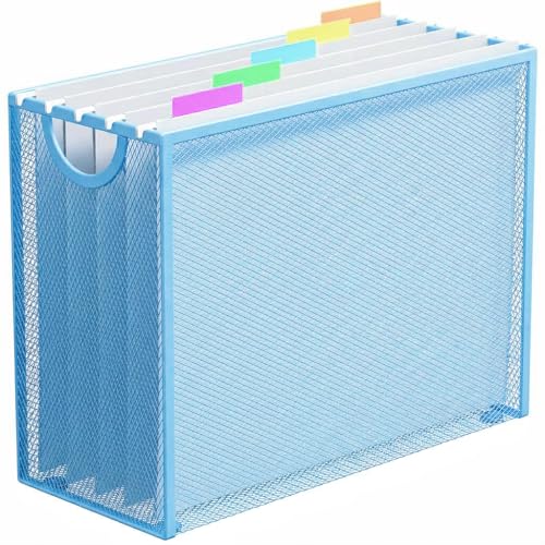 Letter-Size Hanging File Organizer (Blue, with 5 Grey Folders) | File Holder Filing Box for Desk, Metal Mesh Desk File Folder Storage for Office(No Assembly Required) - color: Blue, With 5 Grey Folders