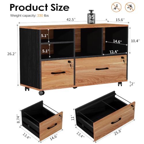 2 Drawer File Cabinet for Home Office, Lockable Rolling Filing Cabinet with Adjustable Shelves, Wood Lateral File Cabinet with Lock, Printer Stand Office Storage Cabinet, Rustic Brown & Black - color: Walnut and Black-2 Drawers