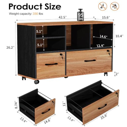 2 Drawer File Cabinet for Home Office, Lockable Rolling Filing Cabinet with Adjustable Shelves, Wood Lateral File Cabinet with Lock, Printer Stand Office Storage Cabinet, Rustic Brown & Black - color: Walnut and Black-2 Drawers