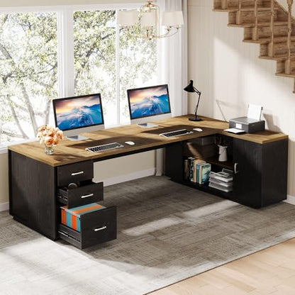 Tribesigns 85.8-Inch L-Shaped Executive Desk, Extra Large Home Office Desk - color: Light Brown & Black