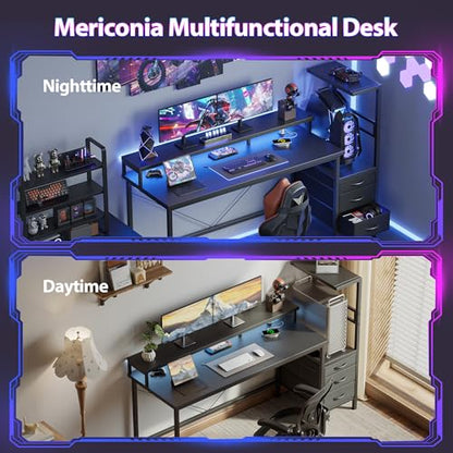 Mericonia 68 inch Gaming Desk with Drawers, Reversible Computer Desk, Black - color: Black, size: 68*20