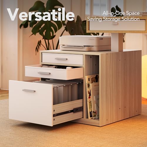 HUANUO LED Electric L Shaped Standing Desk with File Cabinet, Light Walnut | 63"x55" 2-Tier L-Desk,3-Drawer File Cabinet,RGB LED App Lighting,Built-in Power Outlets,27.6"-46.5" Adjustable Height - color: Light Walnut, size: with File Cabinet