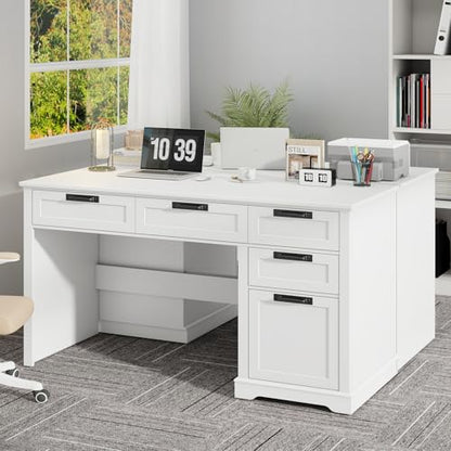 Halitaa 55" Farmhouse Home Office Desk with File Drawer, Executive Computer Desk with 4 Storage Drawers, Rustic Computer Desk for Working, Studying, Writing（White