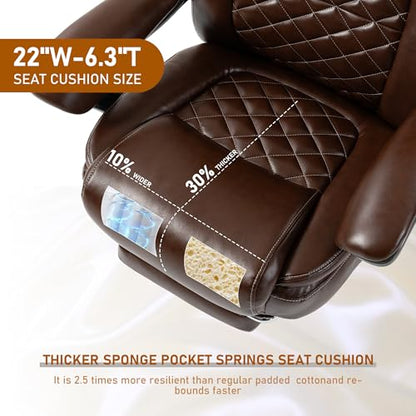 500 lbs Office Chair with Foot Rest, Reclining Executive Chair Brown | Big & Tall Computer Desk Chair, PU Ergonomic Lumbar Support, Thicker Pocket Spring Cushion, High Back - color: Brown