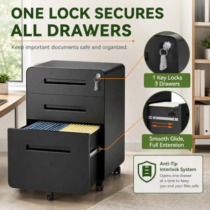 SAWJEC 3 Drawer File Cabinet with Lock, Fully Assembled Mobile Cabinet - color: 02l-black