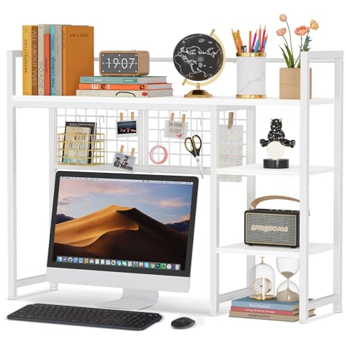 Snughome Desk Shelf, 38.6" Desktop Organizer Shelf, Desk Hutch for Computer Monitor, 4 Tier Desktop Display Rack with Pegboard Hooks Set, Wood Desk Bookshelf for Home Office Dorm, White - color: White, size: 38.6"