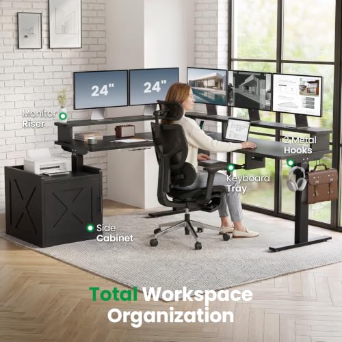 SIAGO 63x55 L-Shaped Standing Desk with Monitor Shelf & Cabinet - color: Black, size: 63 x 55 Inch with Cabinet